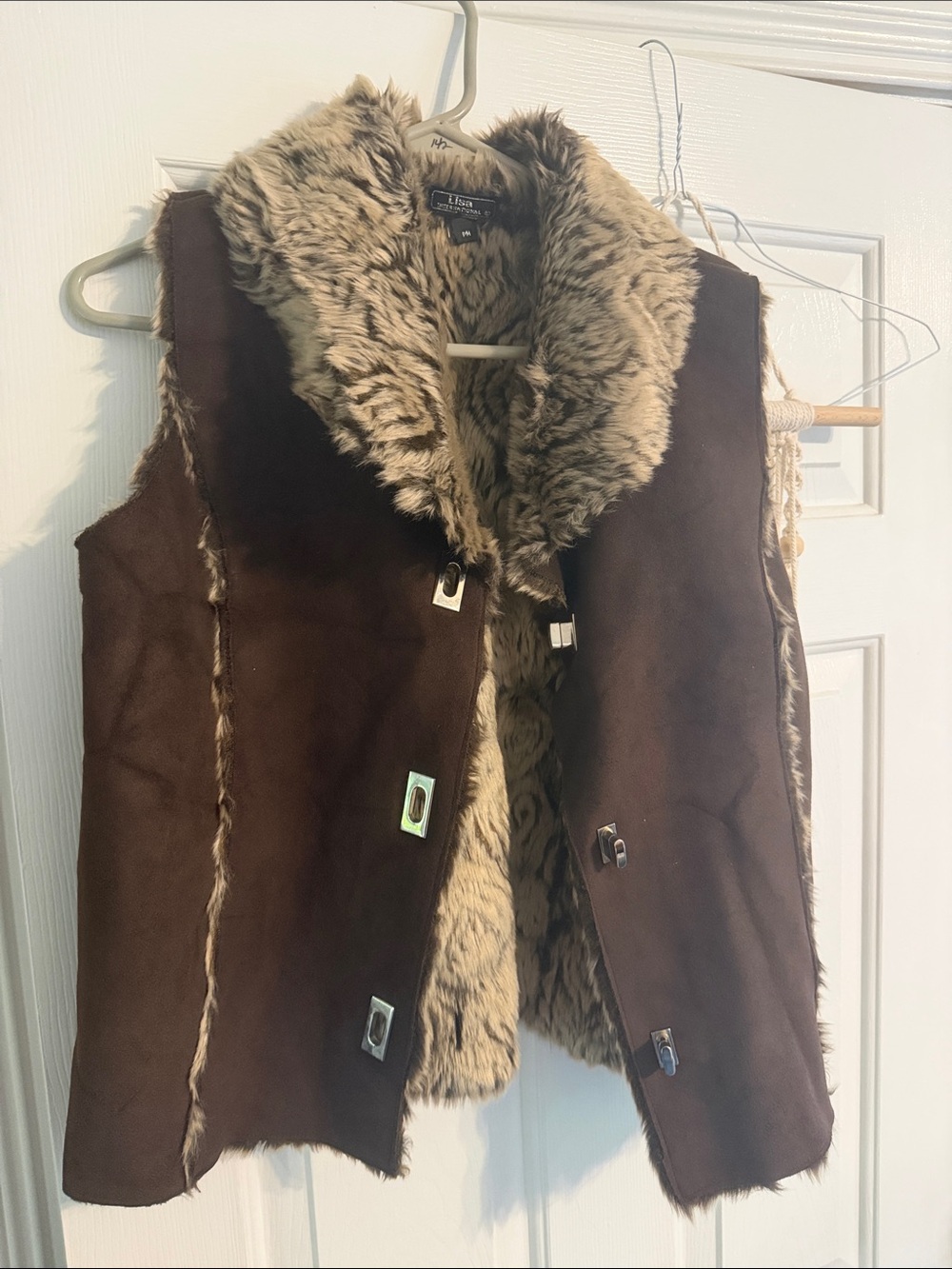 Lisa International Brown Faux-Suede Vest with Taupe Faux Fur Trim